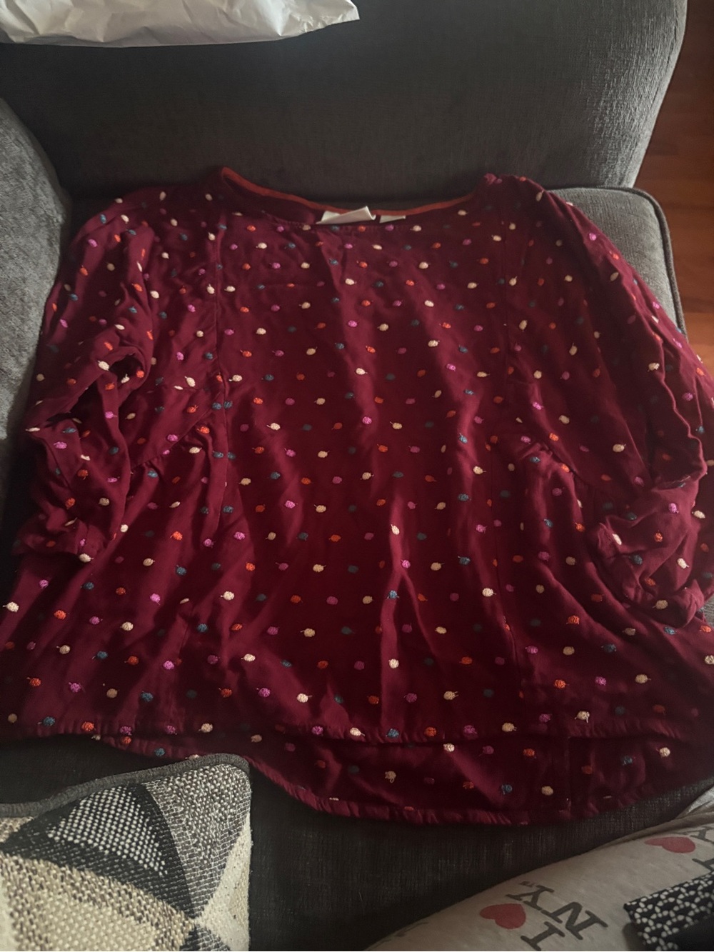 Anthropologie Maeve Maroon Top with Multicolor Dots